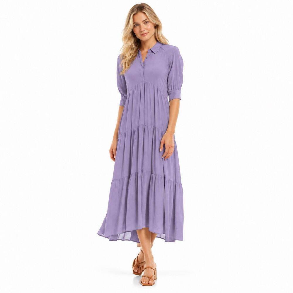 A Loves A Lilac Purple Tiered Midi Shirt Dress Balloon Cuff High Low Hem Size XS